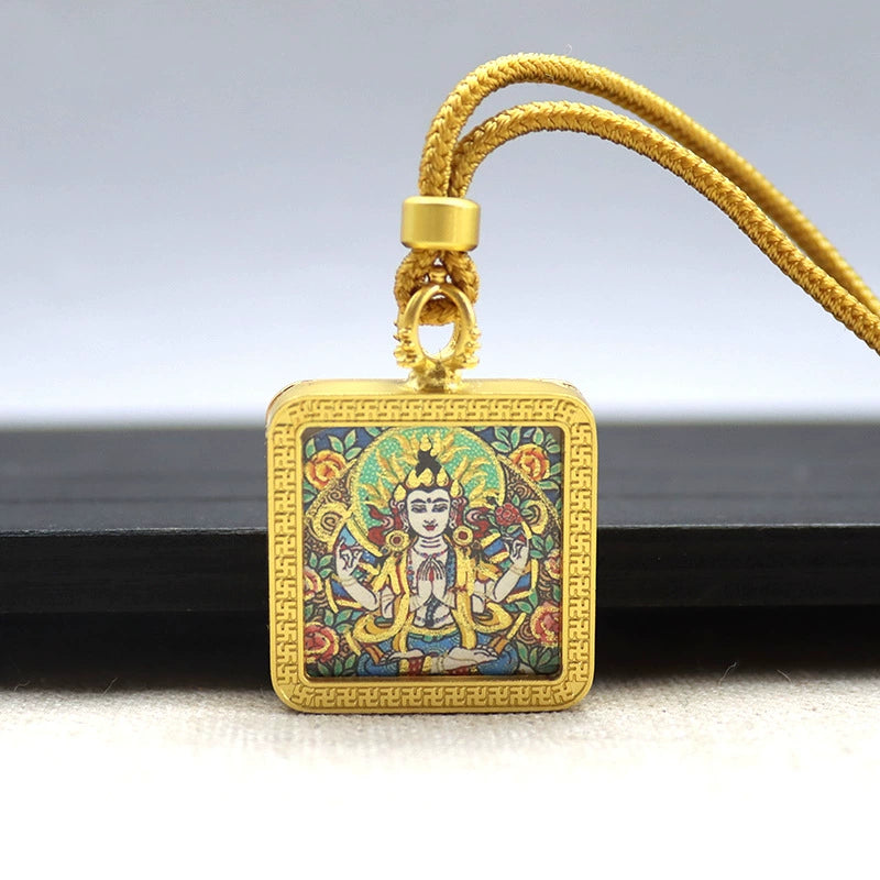 Thousand-Armed Avalokiteshvara - Mini Square Gold Tibetan Thangka Pendant – Sacred Protection Amulet (Gold-Leaf Decorated)