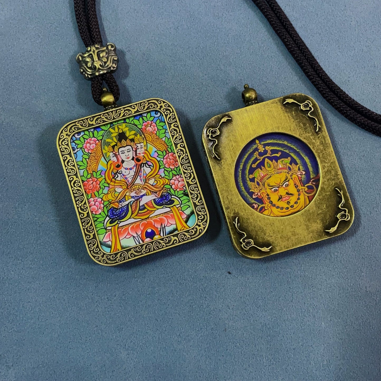 Vairocana Buddha - Handmade Tibetan Thangka Amulet Pendant (Antique Bronze)