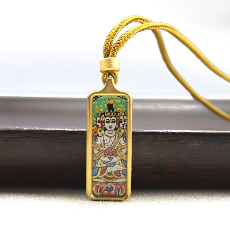 Vairocana Buddha - Mini Rectangular Gold Tibetan Thangka Pendant – Sacred Protection Amulet (Gold-Leaf Decorated)