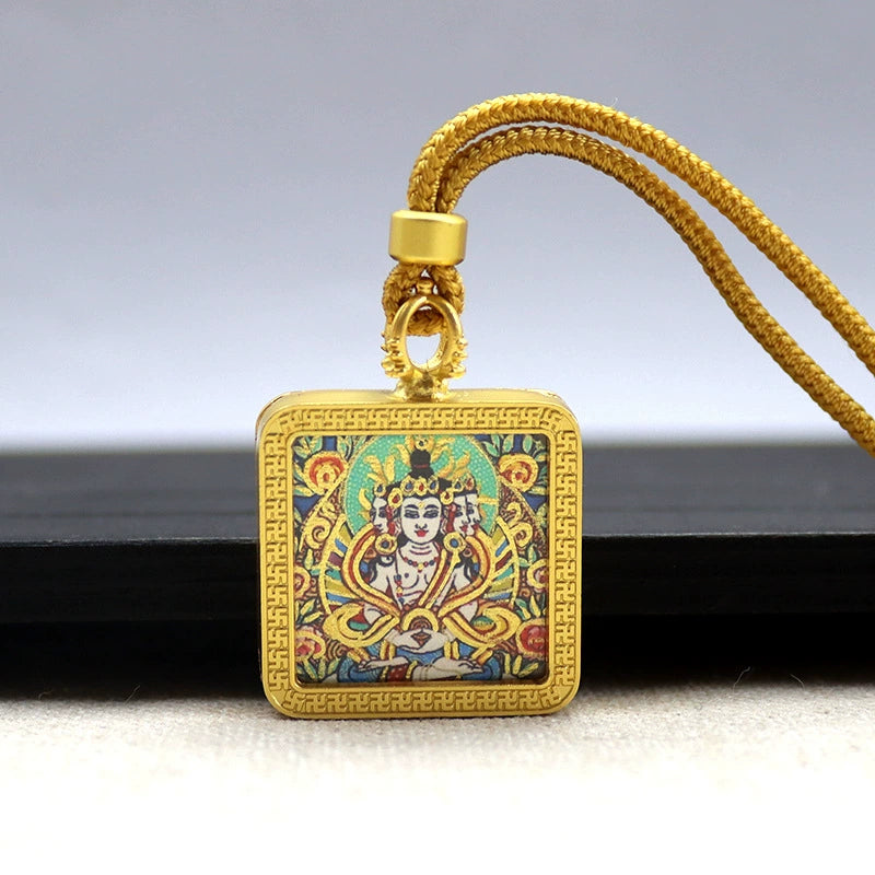 Vairocana Buddha - Mini Square Gold Tibetan Thangka Pendant – Sacred Protection Amulet (Gold-Leaf Decorated)