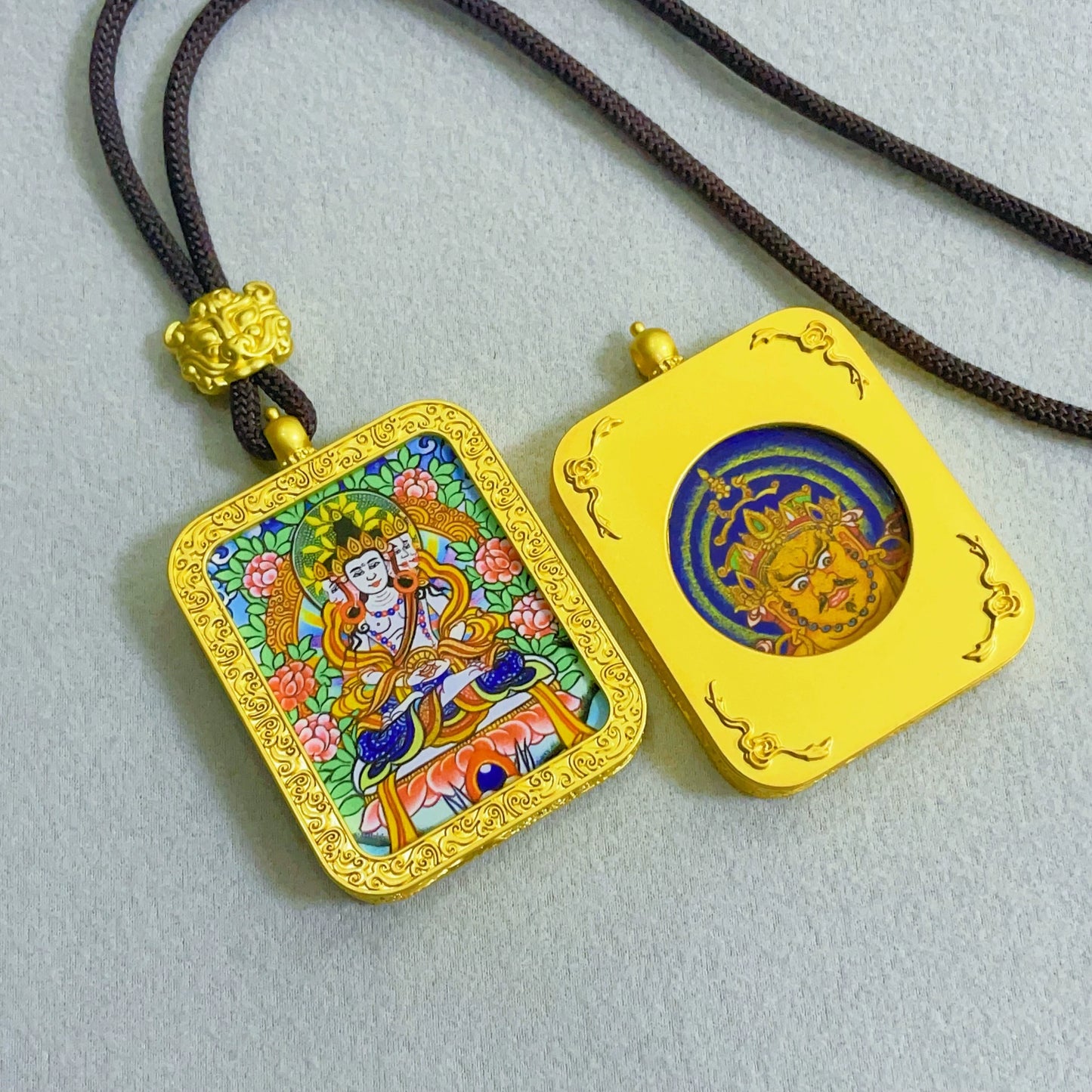 Vairocana Buddha - Reversible Handmade Thangka Amulet Pendant (Golden Edition)