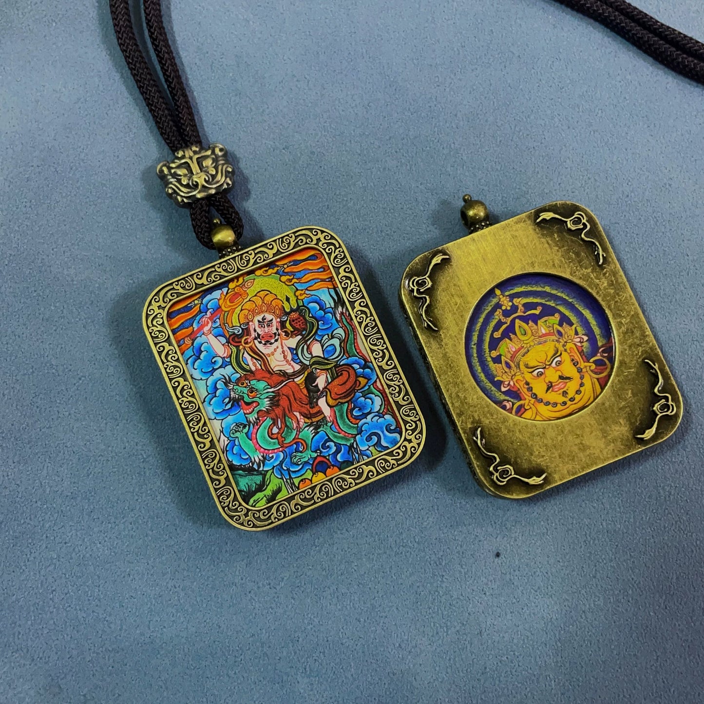 White Jambhala (God of Wealth) - Handmade Tibetan Thangka Amulet Pendant (Antique Bronze)