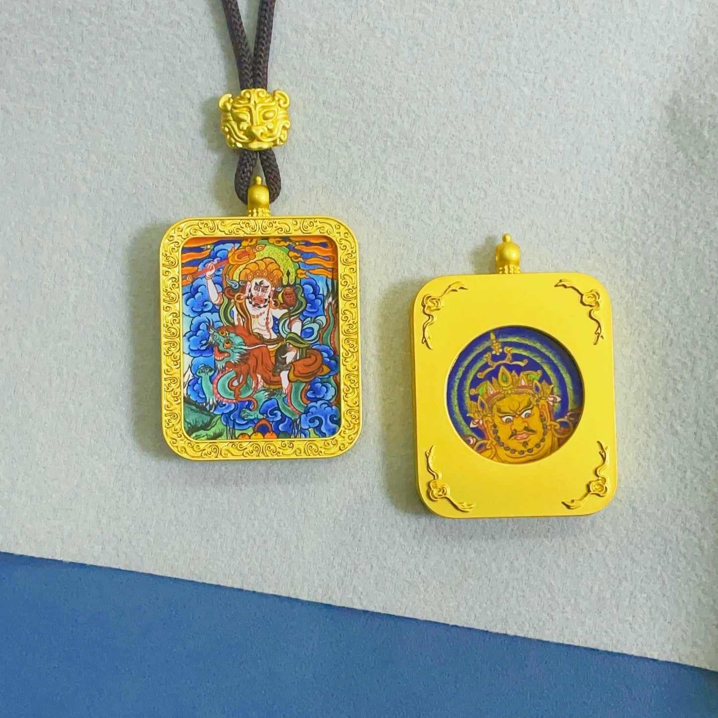 White Jambhala (God of Wealth) - Reversible Handmade Thangka Amulet Pendant (Golden Edition)