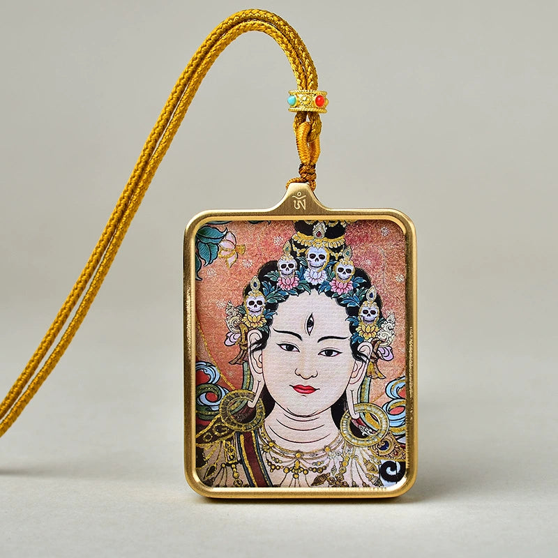 White Tara (Eyes Open) - Luxury Gold-Tone Titanium Thangka Amulet Pendant (Gold-Leaf Decorated)