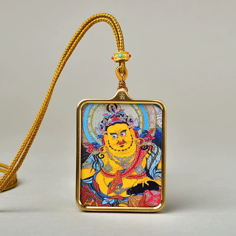 Yellow Jambhala (God of Wealth) - Luxury Gold-Tone Titanium Thangka Amulet Pendant (Gold-Leaf Decorated)