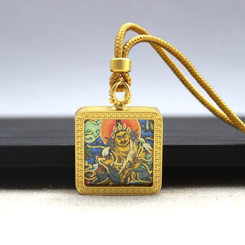 Yellow Jambhala (God of Wealth) - Mini Square Gold Tibetan Thangka Pendant – Sacred Protection Amulet (Gold-Leaf Decorated)