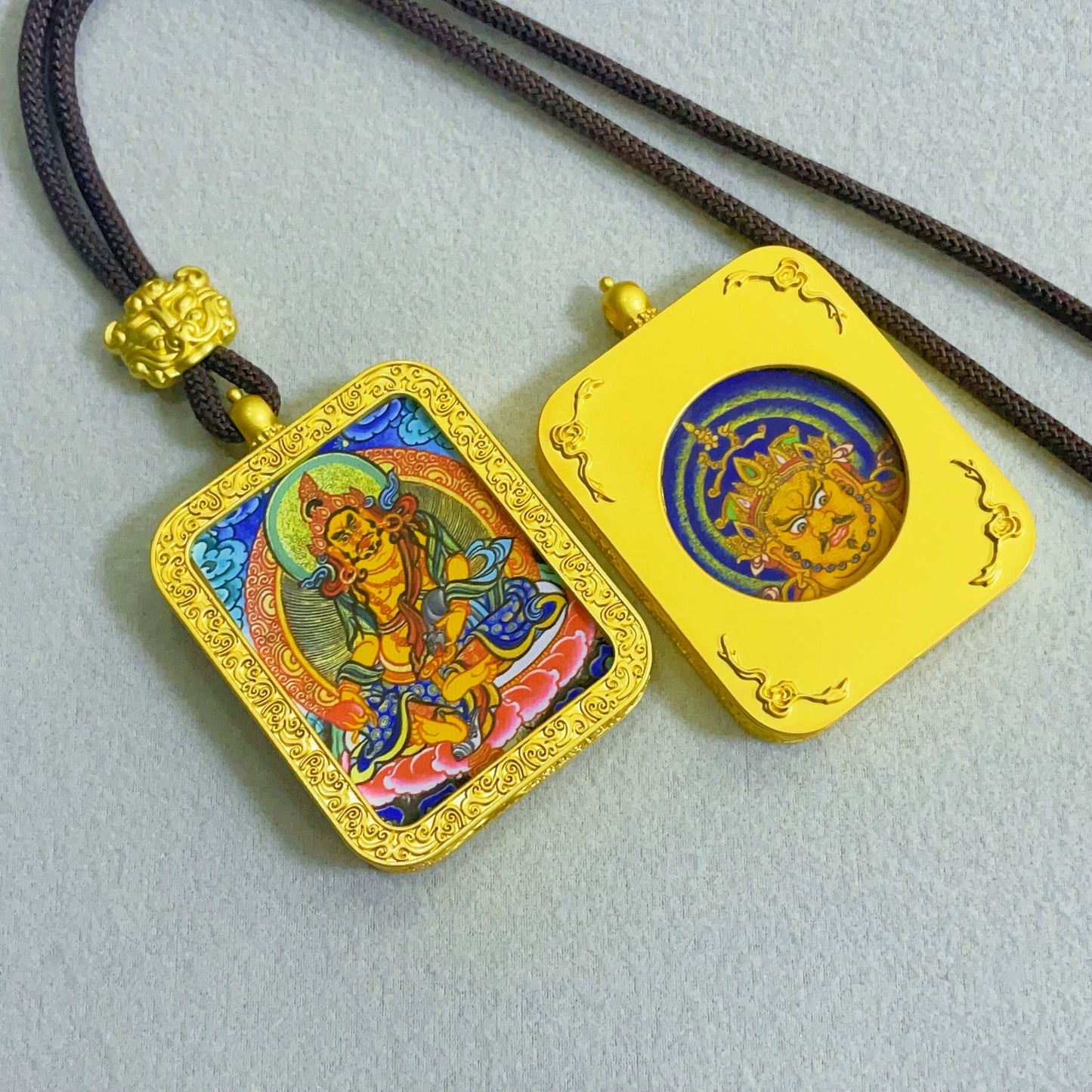 Yellow Jambhala (God of Wealth) - Reversible Handmade Thangka Amulet Pendant (Golden Edition)