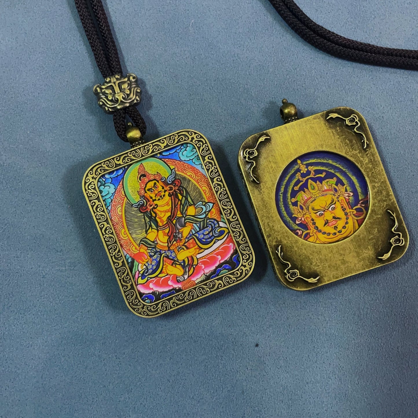Yellow Jambhala (God of Wealth) - Handmade Tibetan Thangka Amulet Pendant (Antique Bronze)