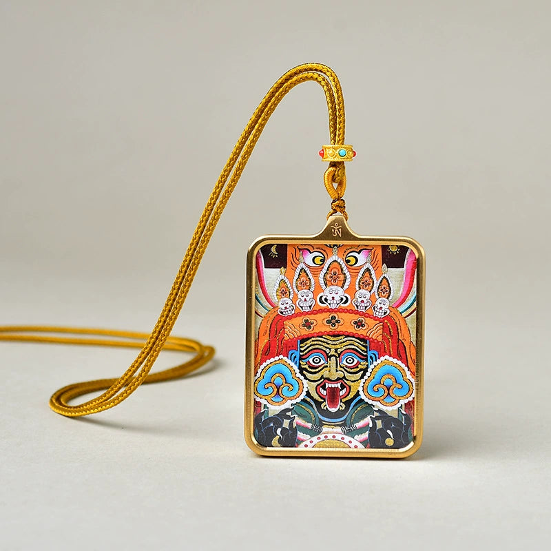 Zakhi Lhamo (Classic) - Luxury Gold-Tone Titanium Thangka Amulet Pendant (Gold-Leaf Decorated)