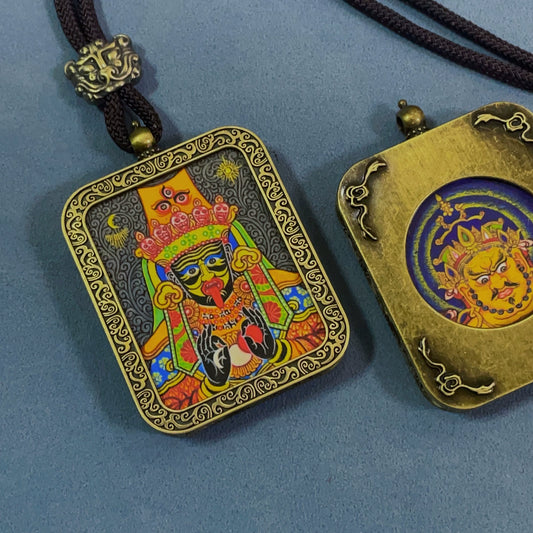 Zakhi Lhamo (God of Wealth) - Handmade Tibetan Thangka Amulet Pendant (Antique Bronze)