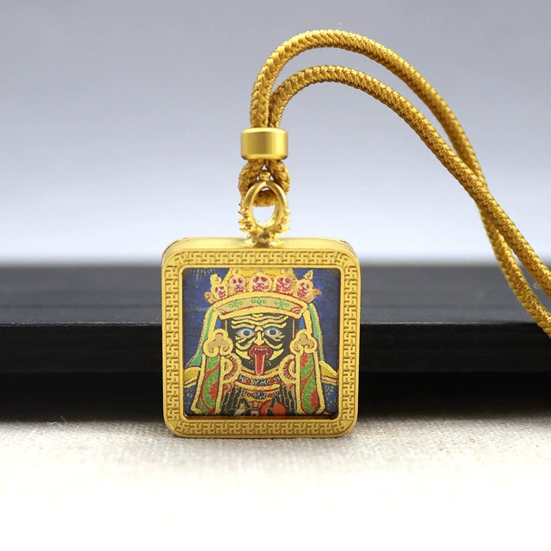 Zakhi Lhamo (God of Wealth) - Mini Square Gold Tibetan Thangka Pendant – Sacred Protection Amulet (Gold-Leaf Decorated)