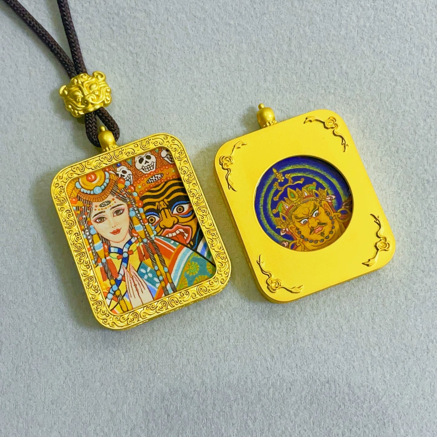 Zakhi Lhamo (God of Wealth) - Reversible Handmade Thangka Amulet Pendant (Golden Edition)