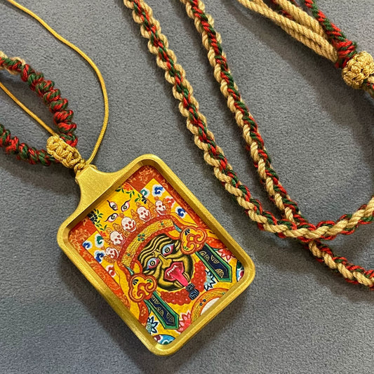 Zakhi Lhamo (God of Wealth) - Solid Brass Tibetan Thangka Pendant with Handwoven Cord