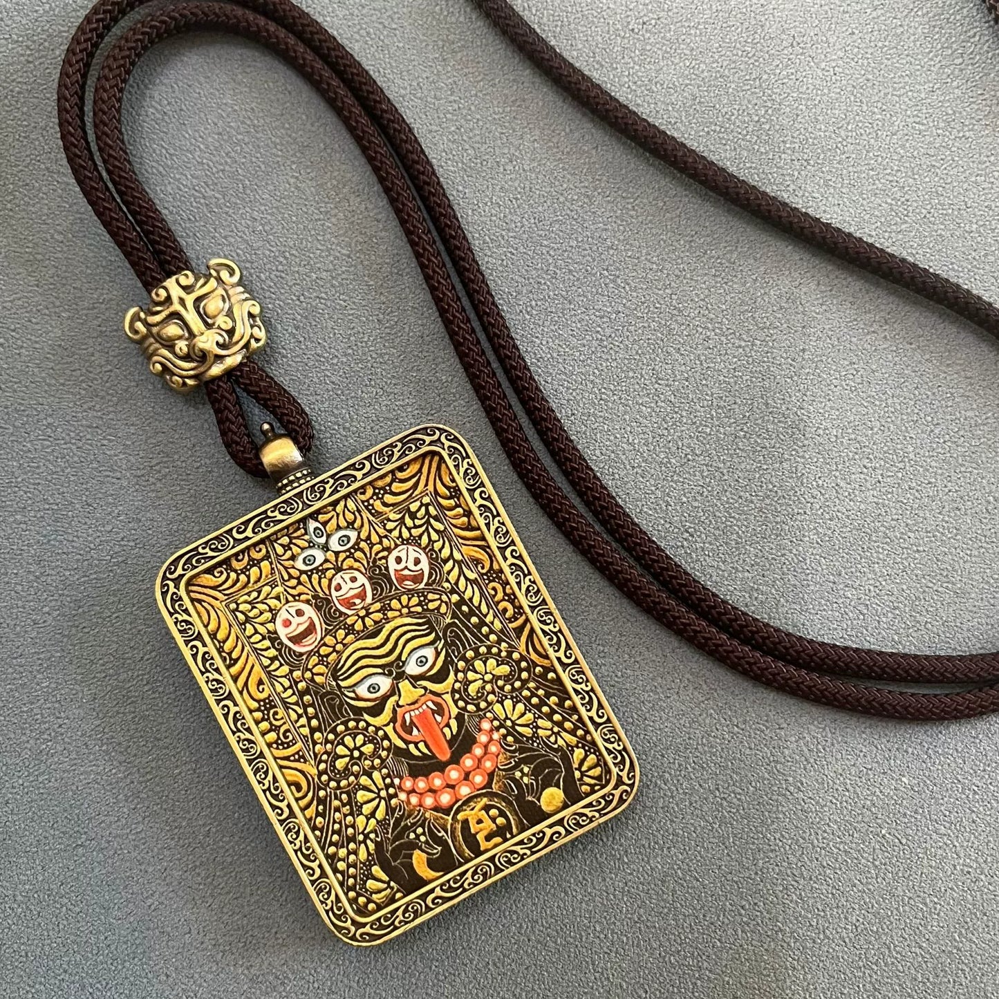 Zakhi Lhamo (Gold Relief Design) - Handmade Tibetan Thangka Amulet Pendant (Antique Bronze)