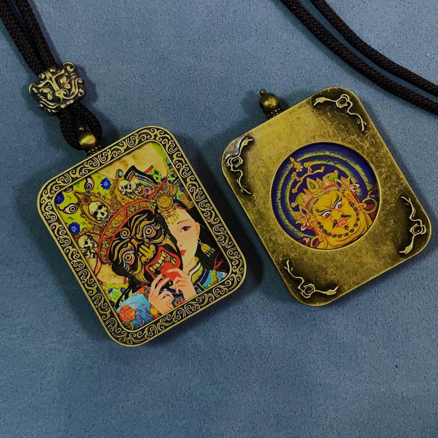 Zakhi Lhamo (Past and Present Life) - Handmade Tibetan Thangka Amulet Pendant (Antique Bronze)