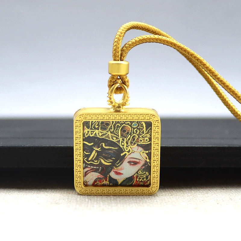 Zakhi Lhamo (Past and Present Life) - Mini Square Gold Tibetan Thangka Pendant – Sacred Protection Amulet (Gold-Leaf Decorated)