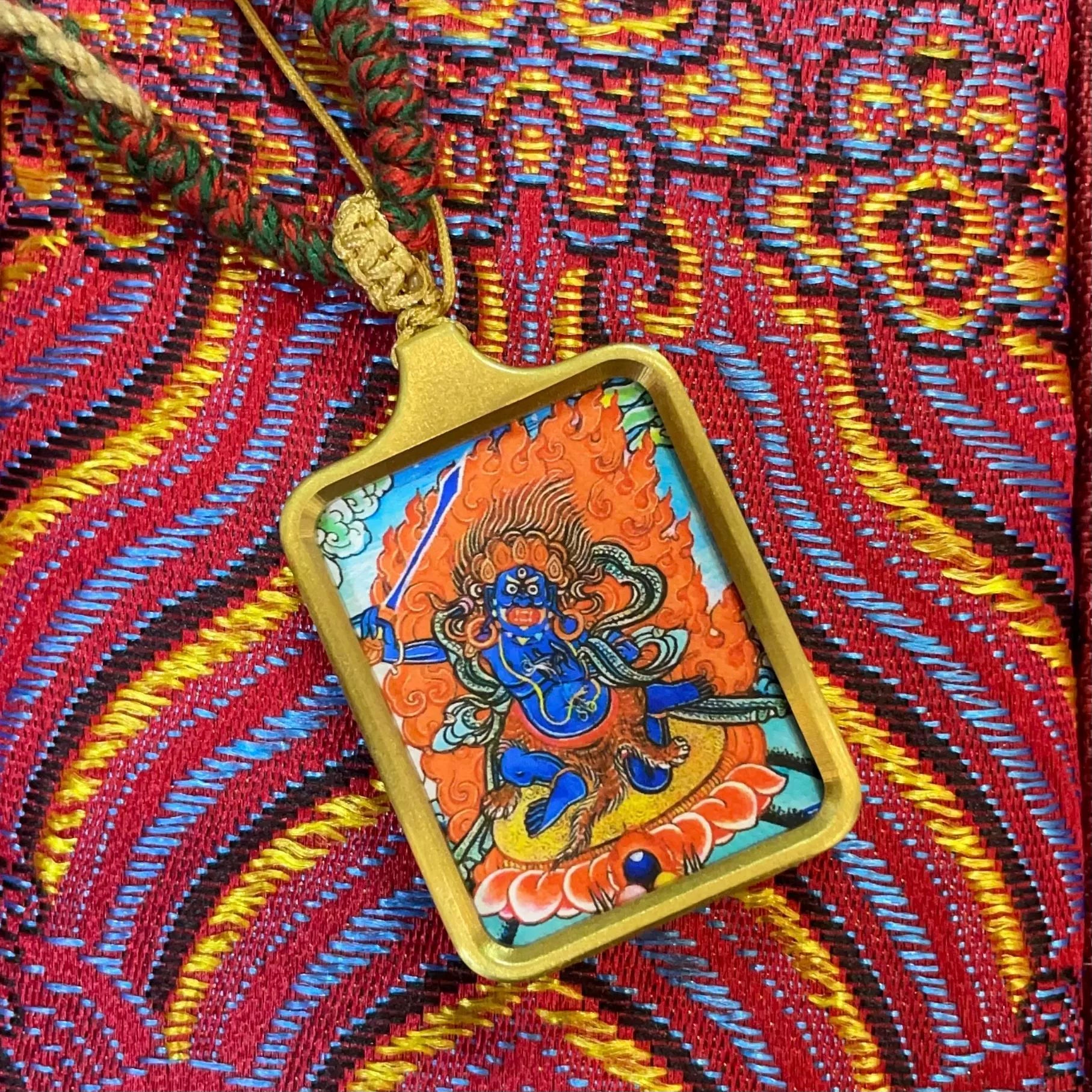 Acala (Fudo Myo-o) - Solid Brass Tibetan Thangka Pendant with Handwoven Cord