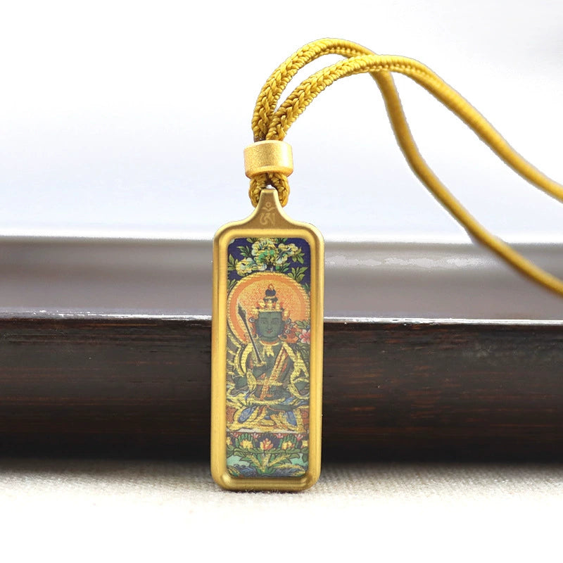 Akasagarbha Bodhisattva - Mini Rectangular Gold Tibetan Thangka Pendant – Sacred Protection Amulet (Gold-Leaf Decorated)