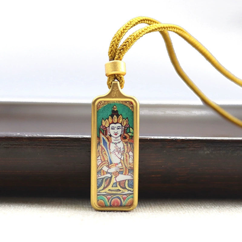 Akasagarbha Bodhisattva - Mini Rectangular Gold Tibetan Thangka Pendant – Sacred Protection Amulet (Gold-Leaf Decorated)