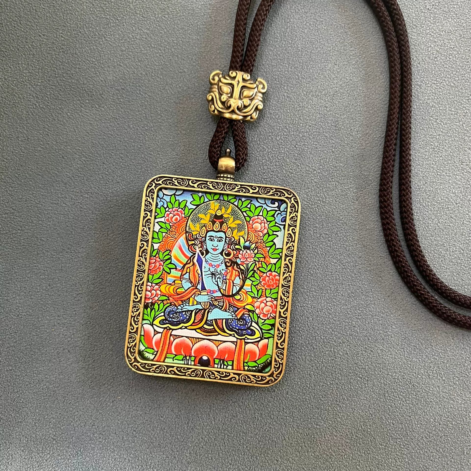 Akasagarbha Bodhisattva - Handmade Tibetan Thangka Amulet Pendant (Antique Bronze)