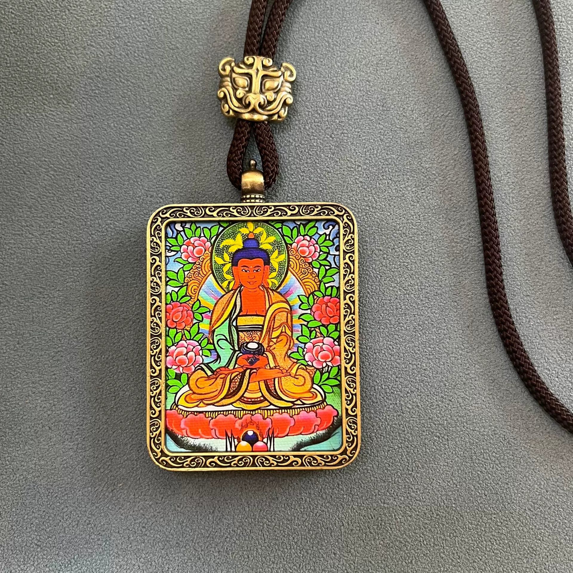 Amitabha Buddha - Handmade Tibetan Thangka Amulet Pendant (Antique Bronze)