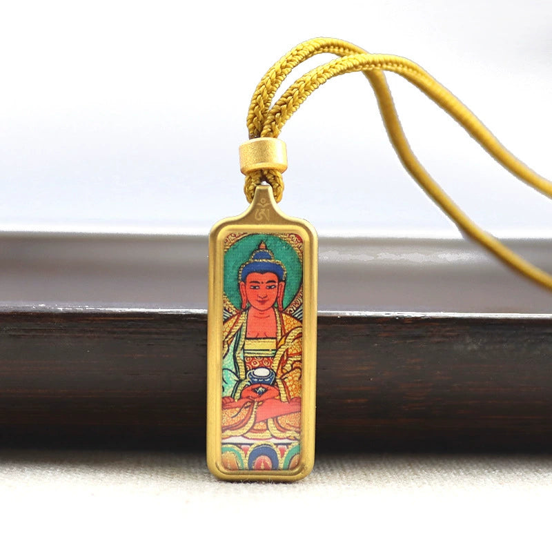Amitabha Buddha - Mini Rectangular Gold Tibetan Thangka Pendant – Sacred Protection Amulet (Gold-Leaf Decorated)