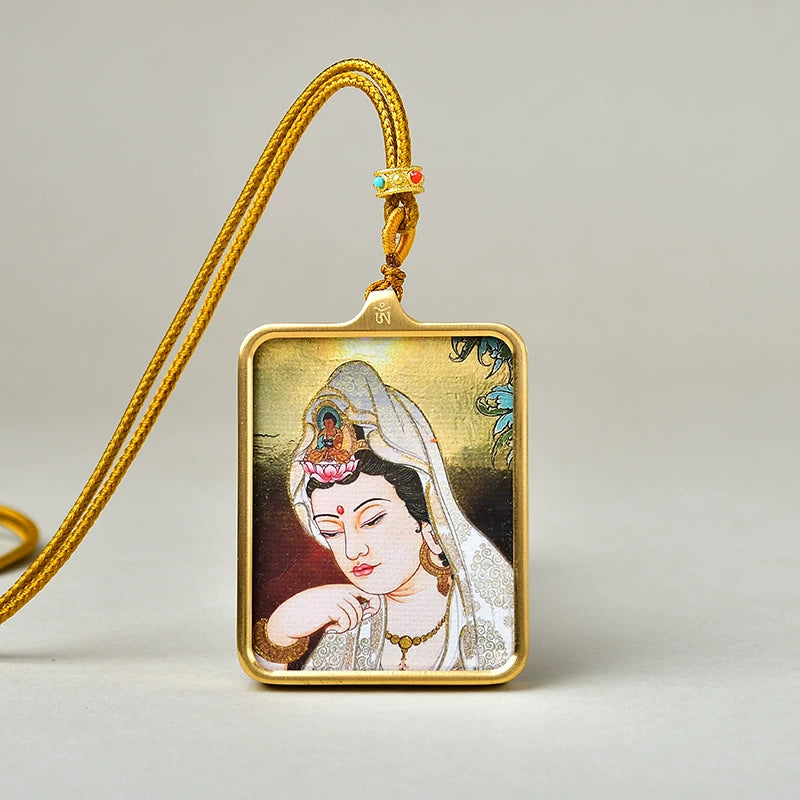 Avalokiteshvara (Guanyin Bodhisattva) - Luxury Gold-Tone Titanium Thangka Amulet Pendant (Gold-Leaf Decorated