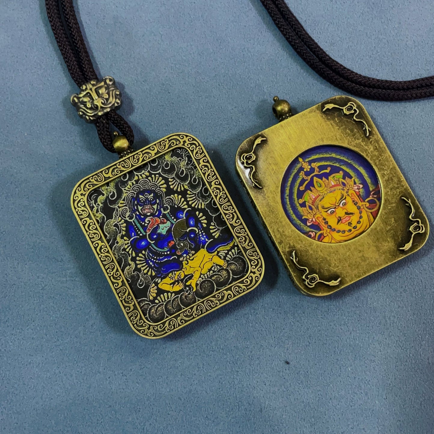 Black Jambhala (Black-Gold) - Handmade Tibetan Thangka Amulet Pendant (Antique Bronze)