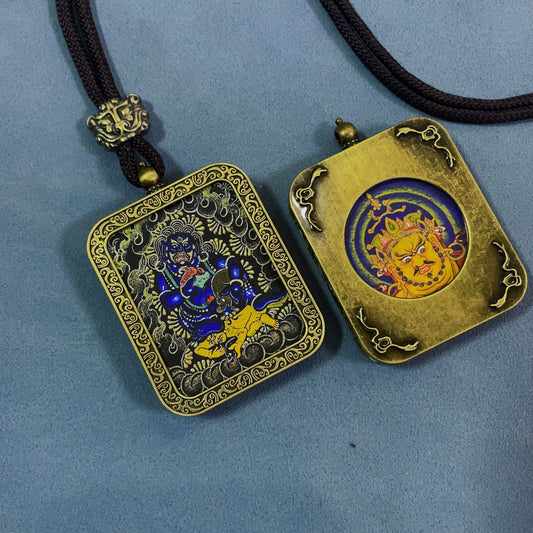 Black Jambhala (Black-Gold) - Handmade Tibetan Thangka Amulet Pendant (Antique Bronze)
