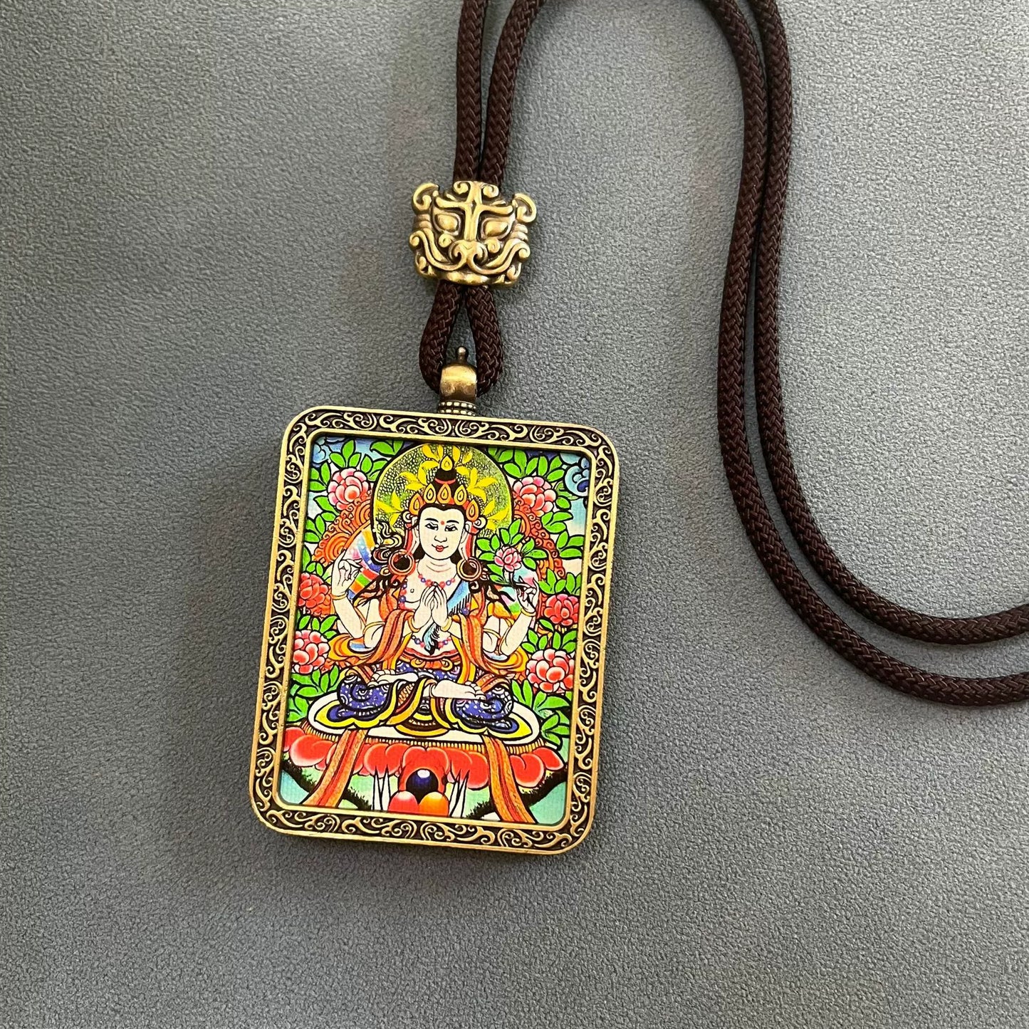 Four-Armed Avalokiteshvara - Handmade Tibetan Thangka Amulet Pendant (Antique Bronze)