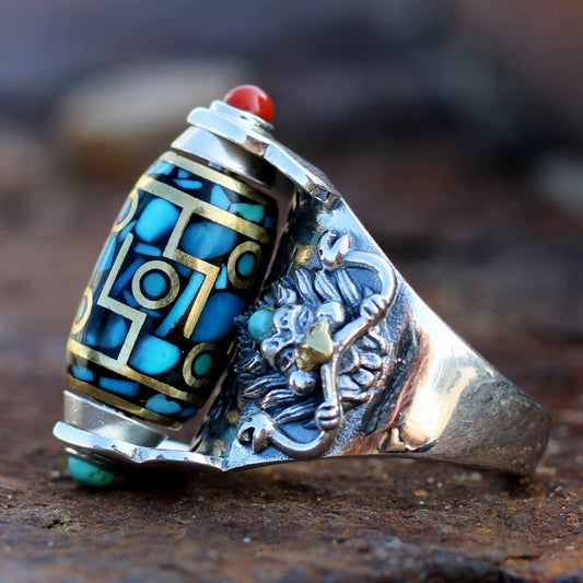Garuda Dzi Bead Ring - Handcrafted Tibetan Dzi Bead Ring – Sacred Protection & Strength