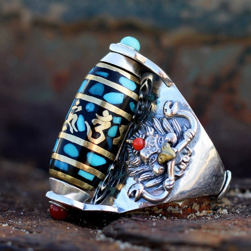 Garuda Mantra Dzi Ring - Handcrafted Tibetan Dzi Bead Ring – Sacred Protection & Strength