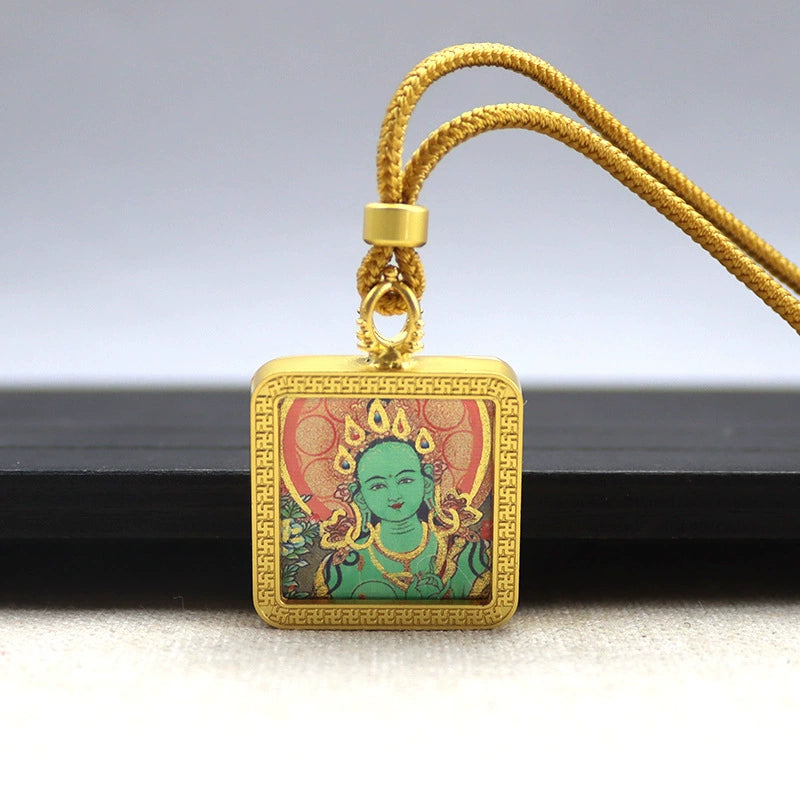 Green Tara - Mini Square Gold Tibetan Thangka Pendant – Sacred Protection Amulet (Gold-Leaf Decorated)