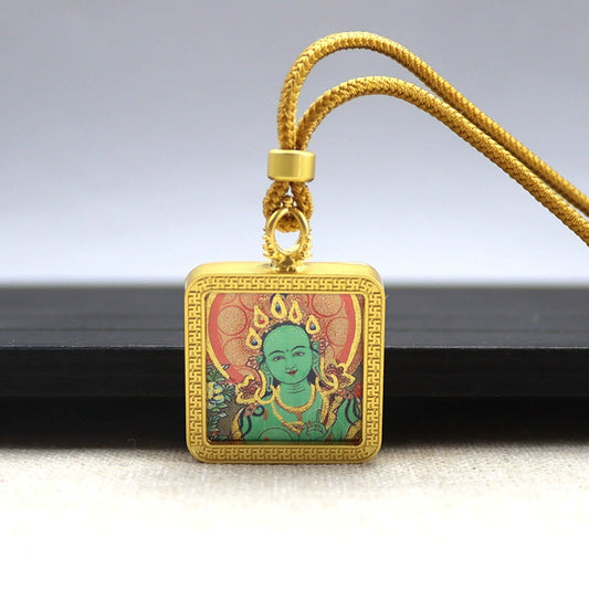 Green Tara - Mini Square Gold Tibetan Thangka Pendant – Sacred Protection Amulet (Gold-Leaf Decorated)