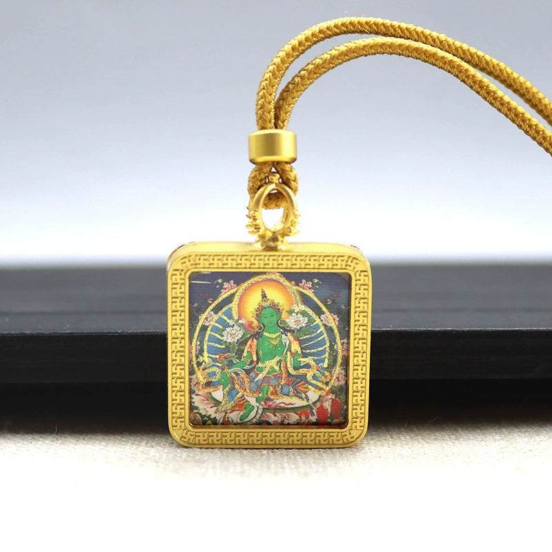 Green Tara - Mini Square Gold Tibetan Thangka Pendant – Sacred Protection Amulet (Gold-Leaf Decorated)