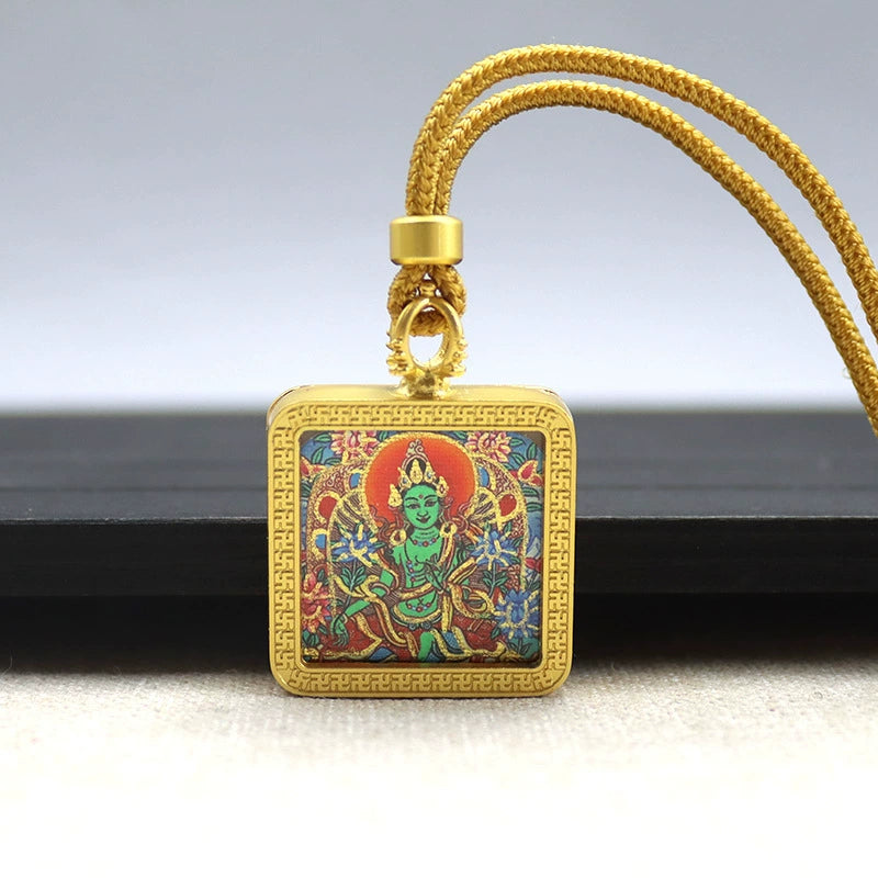 Green Tara - Mini Square Gold Tibetan Thangka Pendant – Sacred Protection Amulet (Gold-Leaf Decorated)