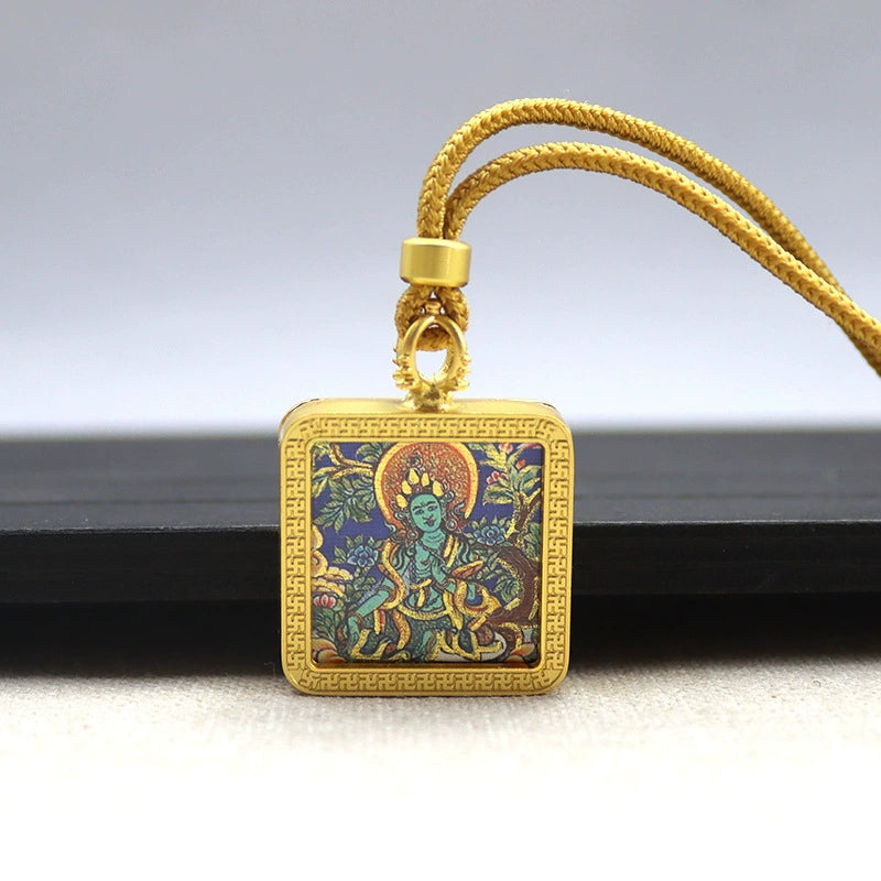 Green Tara - Mini Square Gold Tibetan Thangka Pendant – Sacred Protection Amulet (Gold-Leaf Decorated)