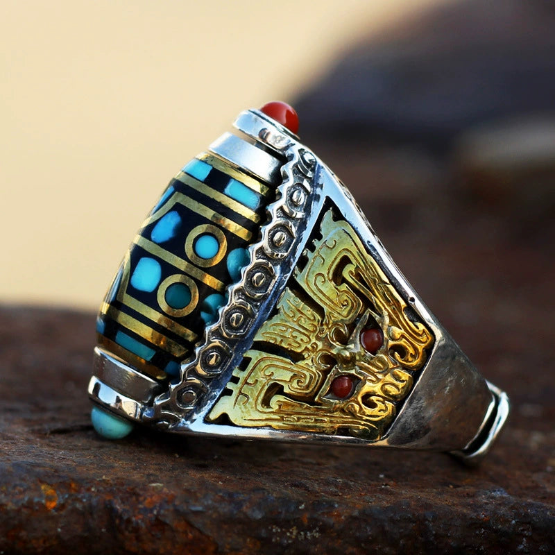 Kui Ox Dzi Bead Ring - Handcrafted Tibetan Dzi Bead Ring – Sacred Protection & Strength