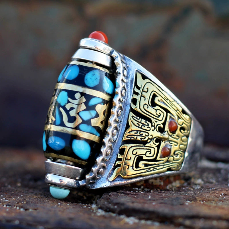 Kui Ox Mantra Dzi Ring - Handcrafted Tibetan Dzi Bead Ring – Sacred Protection & Strength