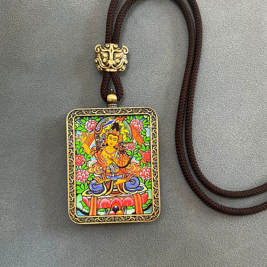 Manjushri Bodhisattva - Handmade Tibetan Thangka Amulet Pendant (Antique Bronze)