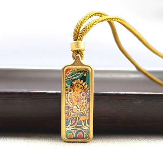 Manjushri Bodhisattva - Mini Rectangular Gold Tibetan Thangka Pendant – Sacred Protection Amulet (Gold-Leaf Decorated)