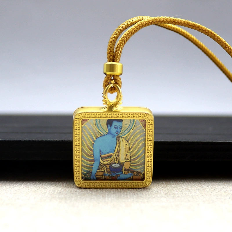 Medicine Buddha - Mini Square Gold Tibetan Thangka Pendant – Sacred Protection Amulet (Gold-Leaf Decorated)