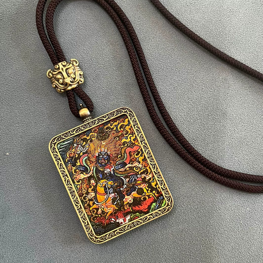 Palden Lhamo - Handmade Tibetan Thangka Amulet Pendant (Antique Bronze)