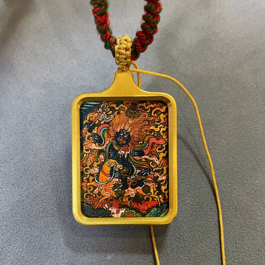 Palden Lhamo - Solid Brass Tibetan Thangka Pendant with Handwoven Cord