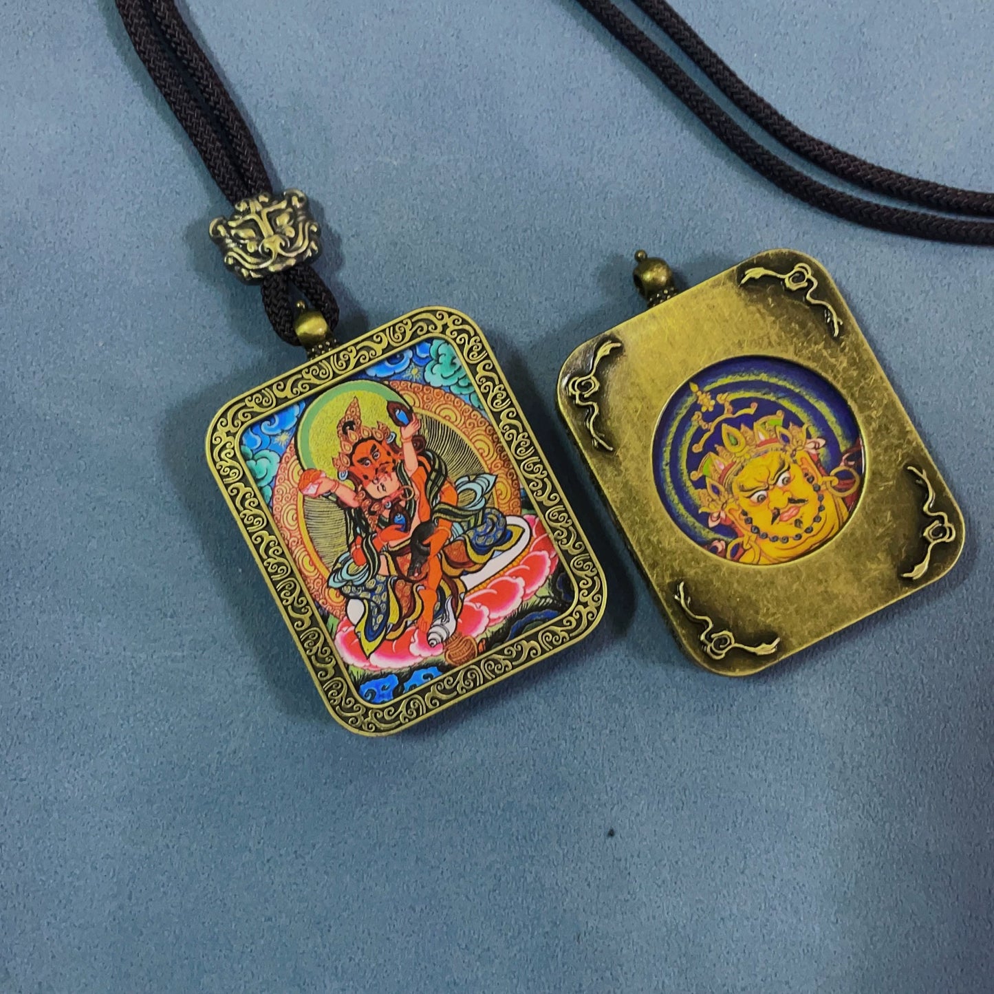 Red Jambhala (God of Wealth) - Handmade Tibetan Thangka Amulet Pendant (Antique Bronze)