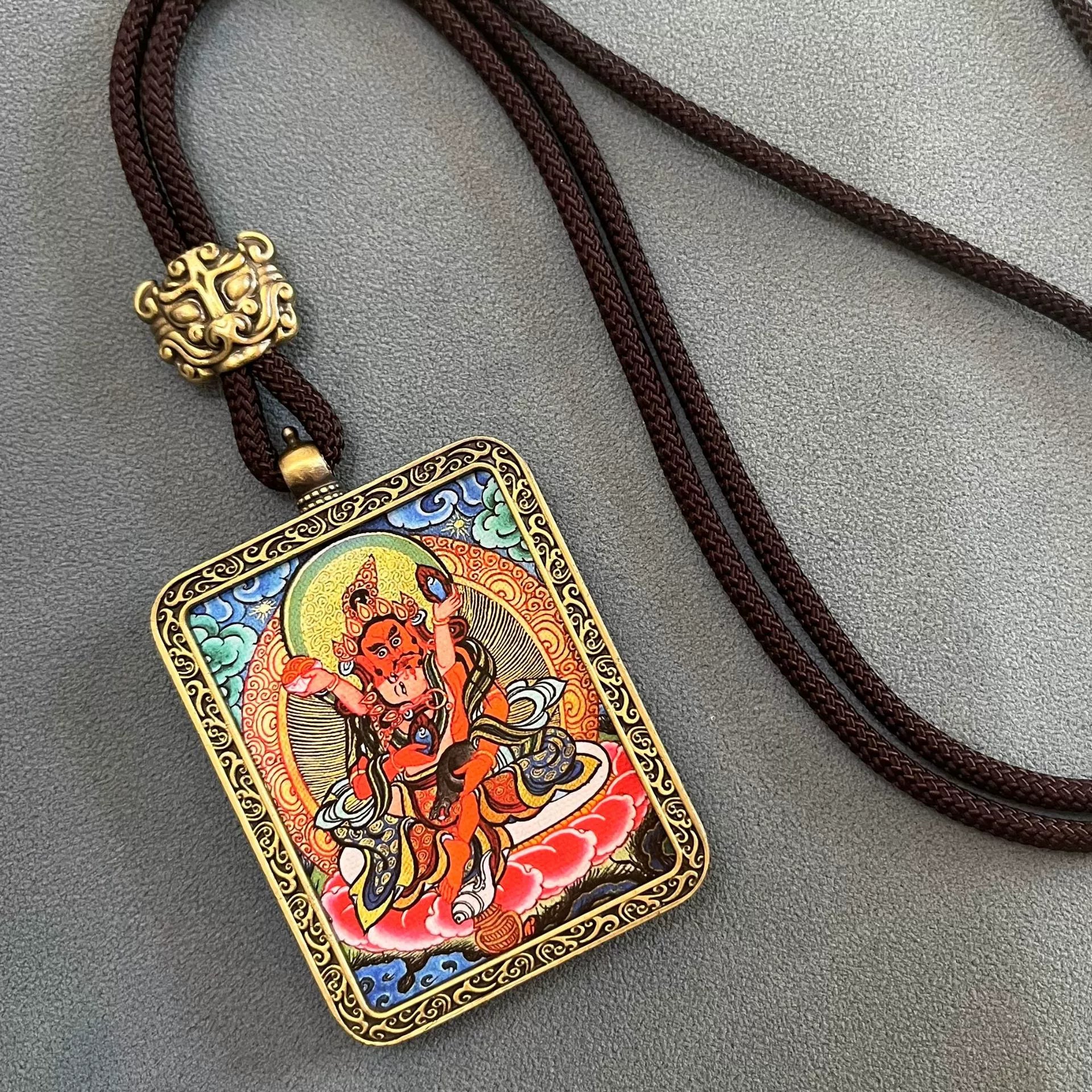 Red Jambhala (God of Wealth) - Handmade Tibetan Thangka Amulet Pendant (Antique Bronze)