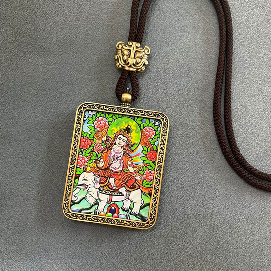 Samantabhadra Bodhisattva - Handmade Tibetan Thangka Amulet Pendant (Antique Bronze)