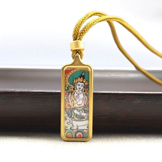 Samantabhadra Bodhisattva - Mini Rectangular Gold Tibetan Thangka Pendant – Sacred Protection Amulet (Gold-Leaf Decorated)