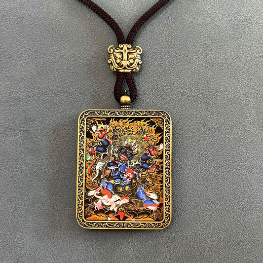 Six-Armed Mahakala - Handmade Tibetan Thangka Amulet Pendant (Antique Bronze)