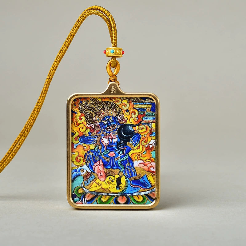 Six-Armed Mahakala - Luxury Gold-Tone Titanium Thangka Amulet Pendant (Gold-Leaf Decorated)